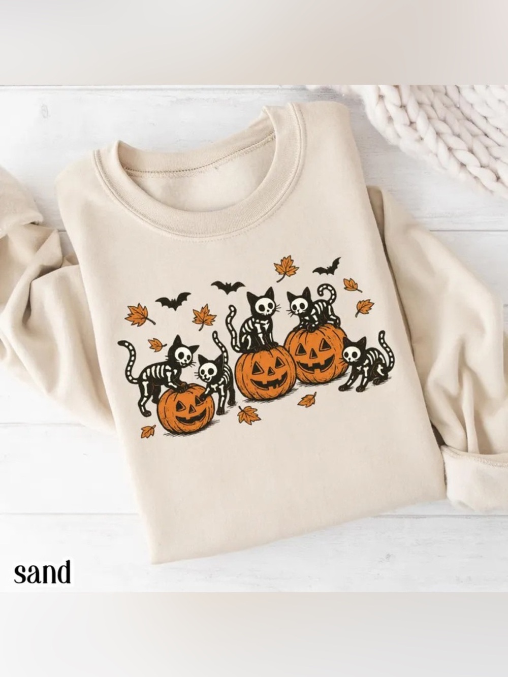 Halloween Skeleton Funny Cat Pumpkin Sweatshirt - Sand Vintage